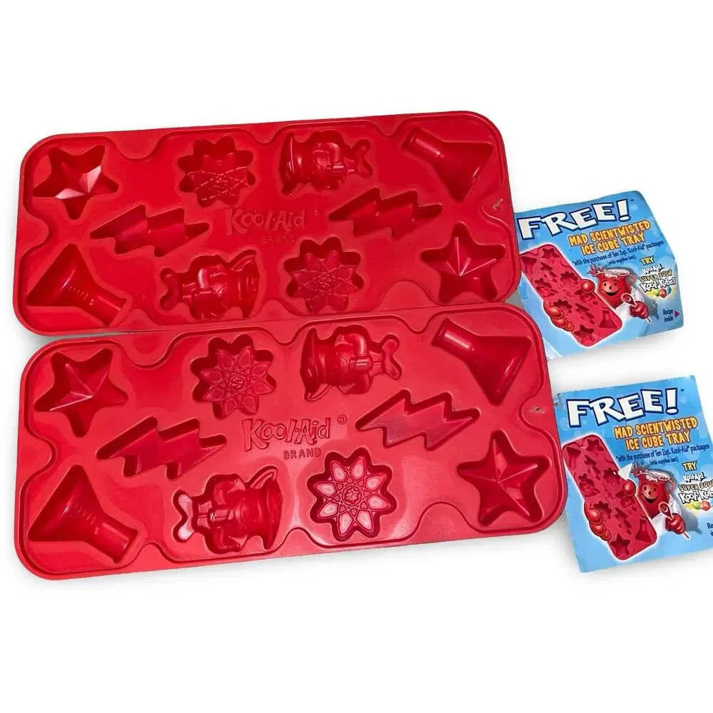 Kool-Aid Man Mad Scientwisted Red Plastic Ice Cube Tray Science Lab Shapes Lot 2
